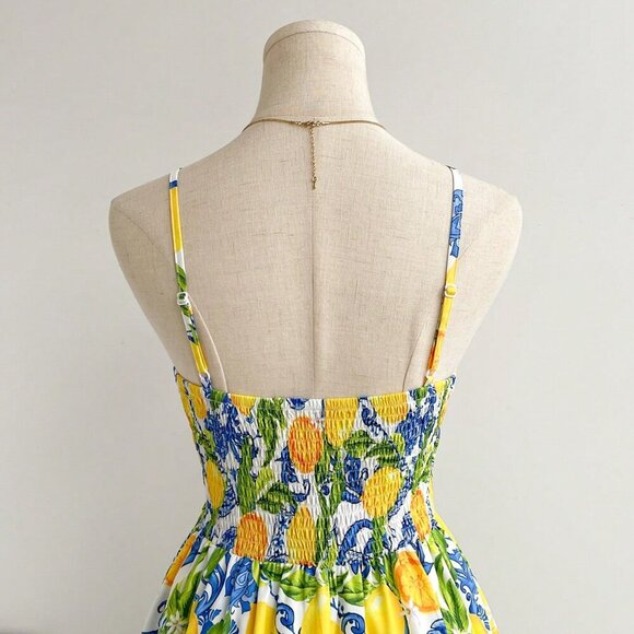 Multicolor Boho Women's Spaghetti Strap V-Neck Knotted Waist A-Line Midi Dress - Picture 3 of 7